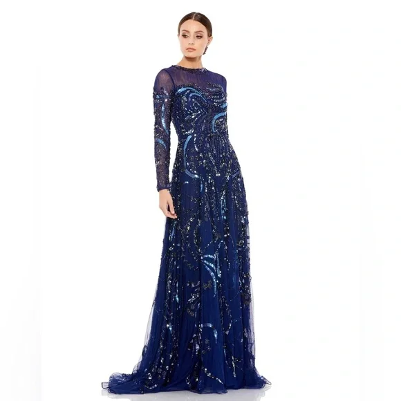 MAC DUGGAL 5217 NWT Long Sleeve Embellished Illusion Evening Gown MOB Holiday - Picture 1 of 4